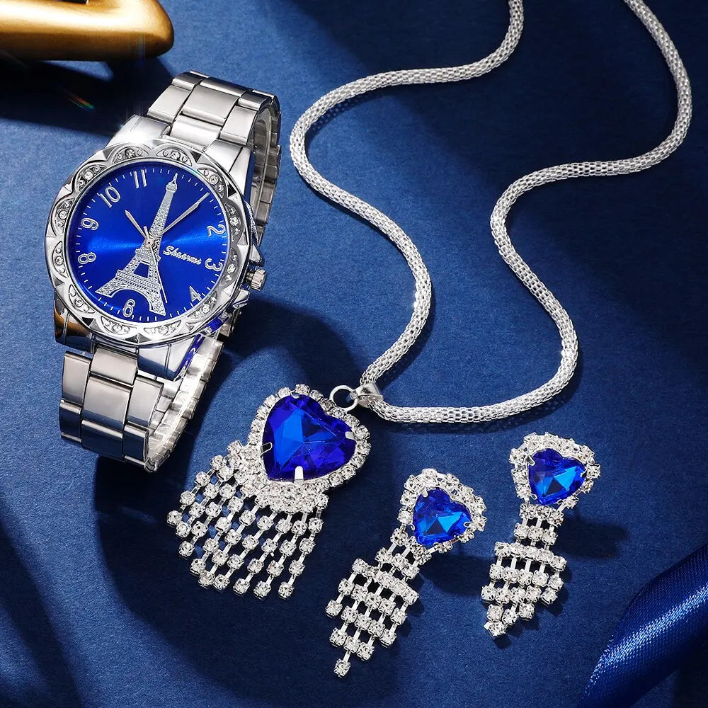 Parisian Dream Collection: Eiffel Tower Watch & Blue Heart Jewelry Set