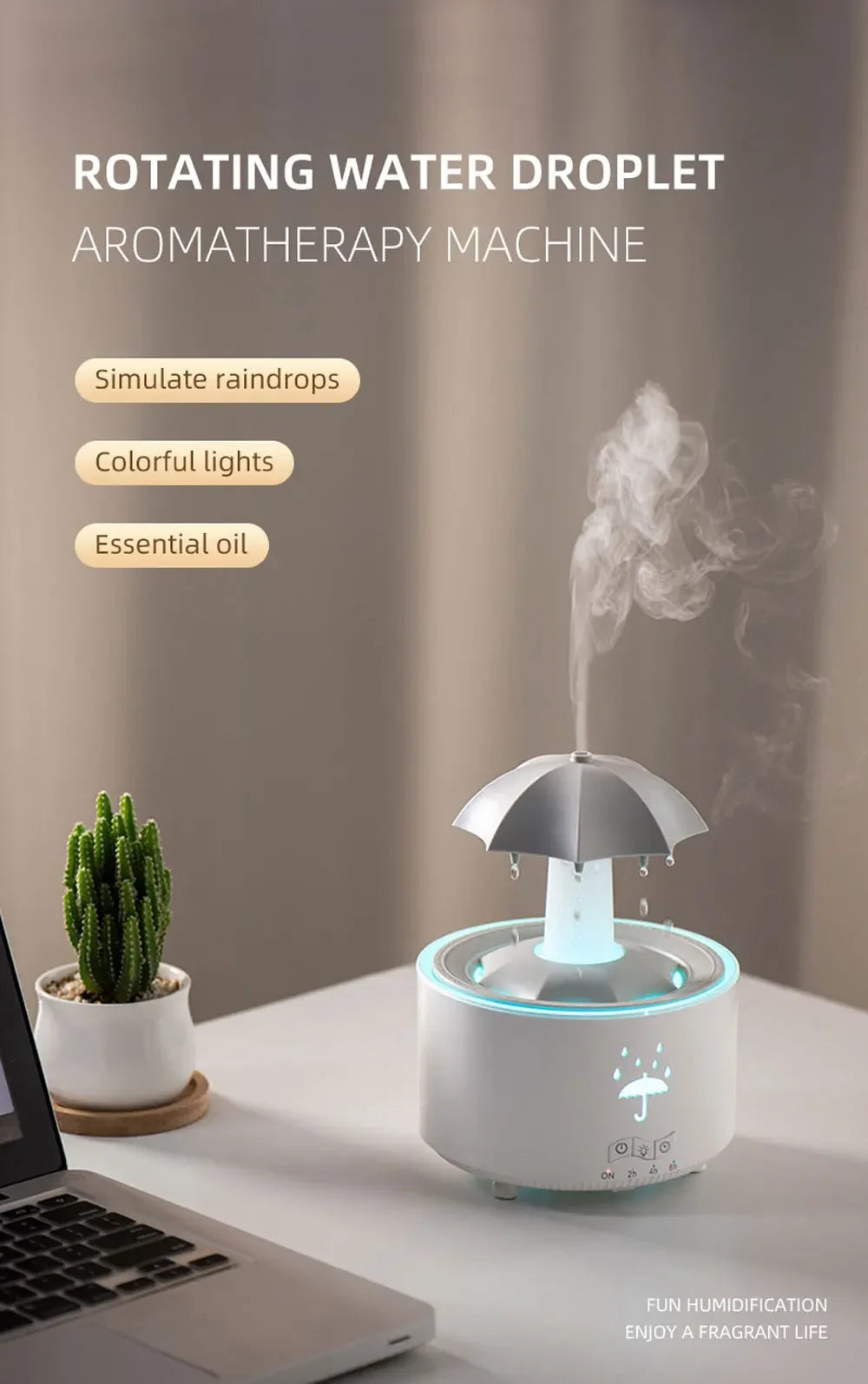 Raindrop Ultrasonic Humidifier with Rotating LED Lights