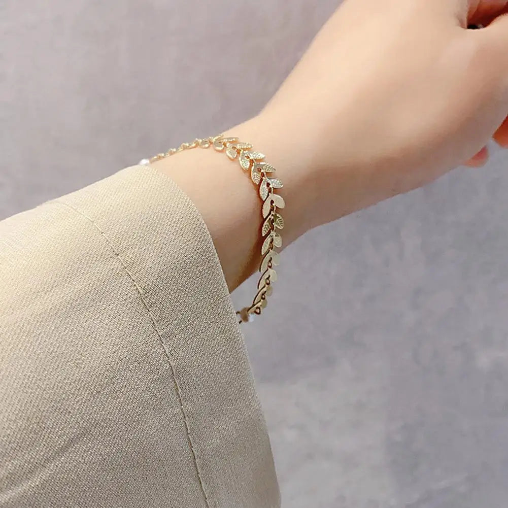 Golden Wheat Leaf Jewelry Set: Necklace, Bracelet & Earrings