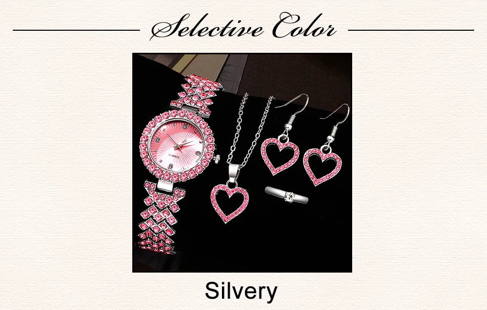 Sparkling Heart Glamour Collection: 5-Piece Pink Crystal Jewelry & Watch Set
