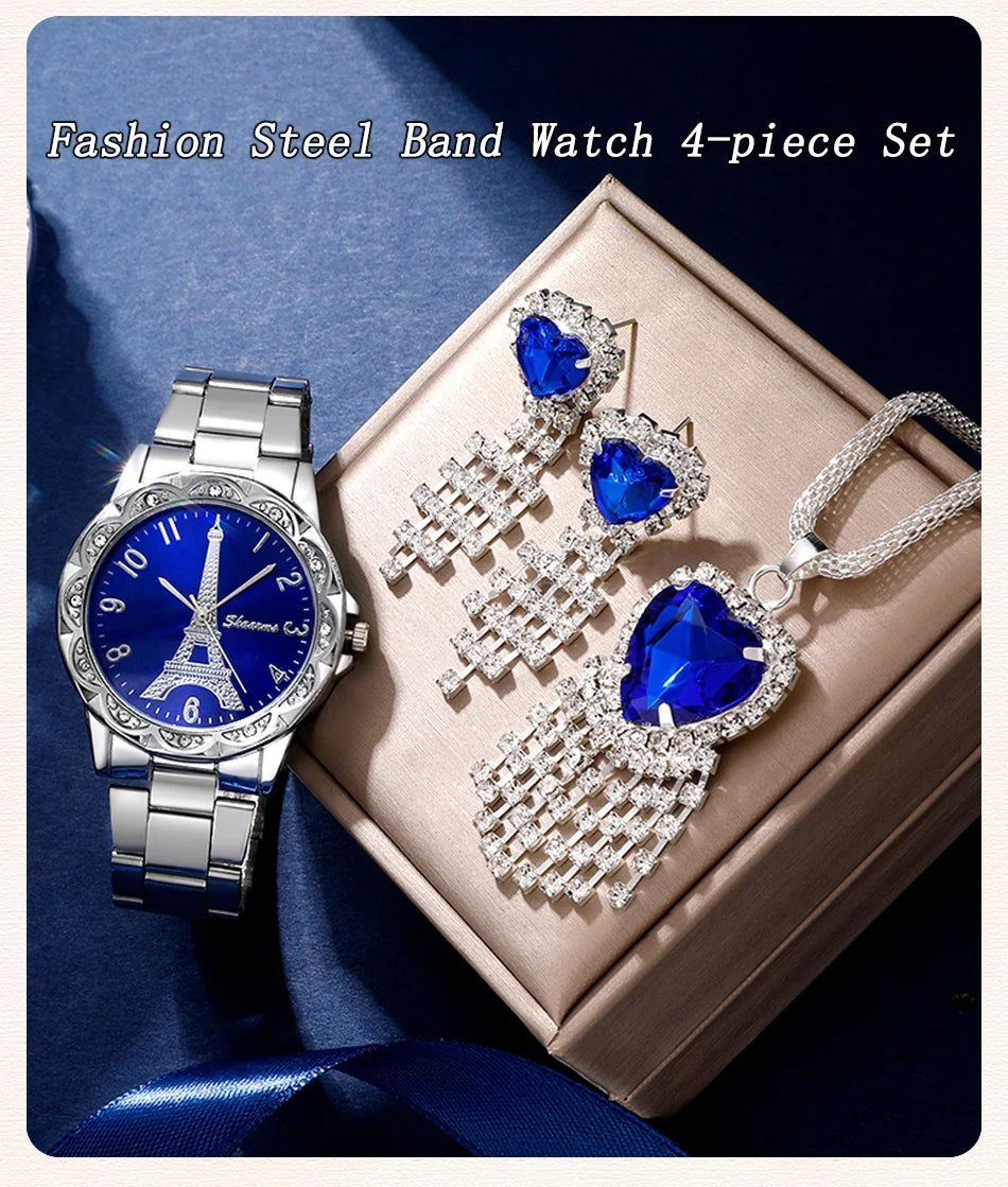 Parisian Dream Collection: Eiffel Tower Watch & Blue Heart Jewelry Set