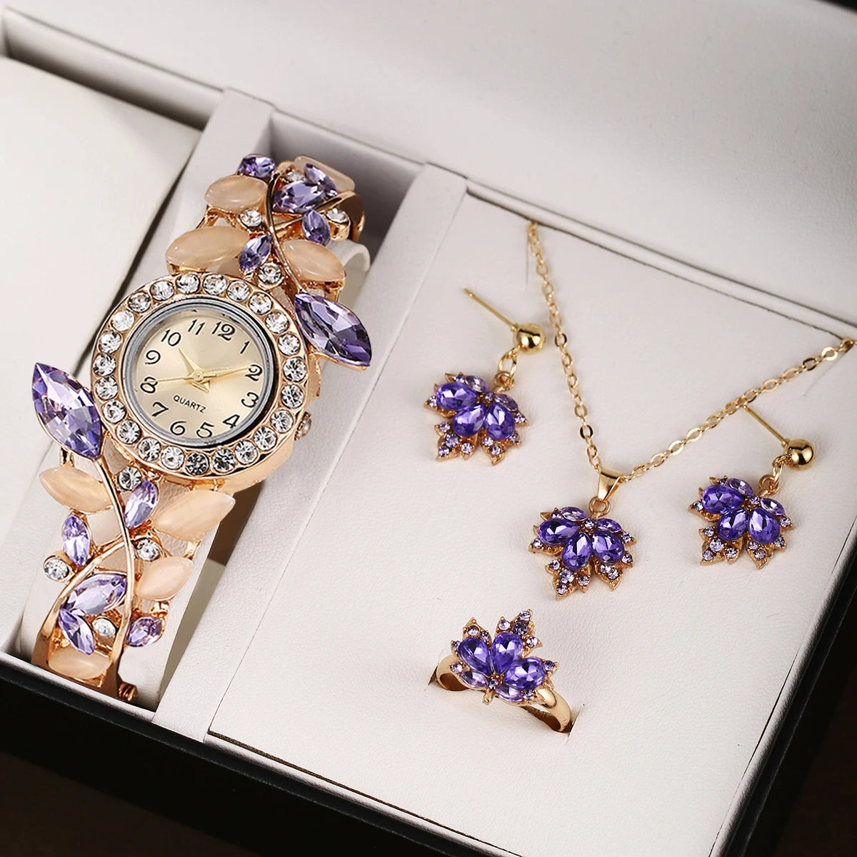 Floral Elegance Jewelry & Watch Set: Timeless Beauty in Red
