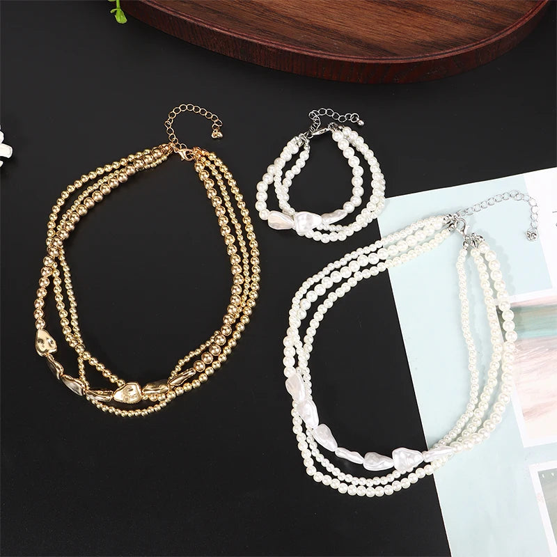 Layered Pearl Necklace & Bracelet Set: Elegant Heart Accents for Women