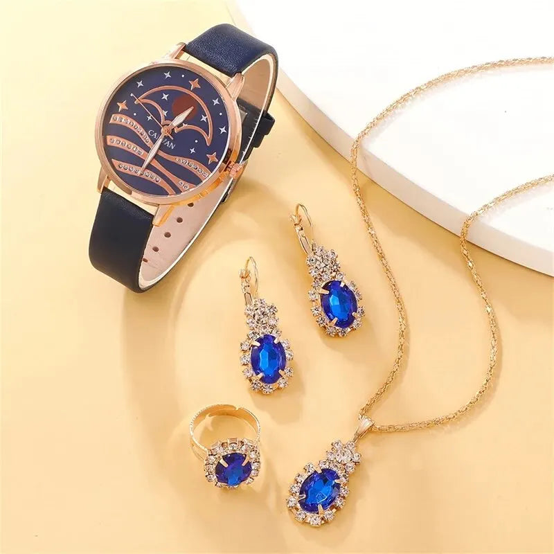 Celestial Blue Collection: 5-Piece Moonlight Jewelry & Watch Set with Sapphire Accents