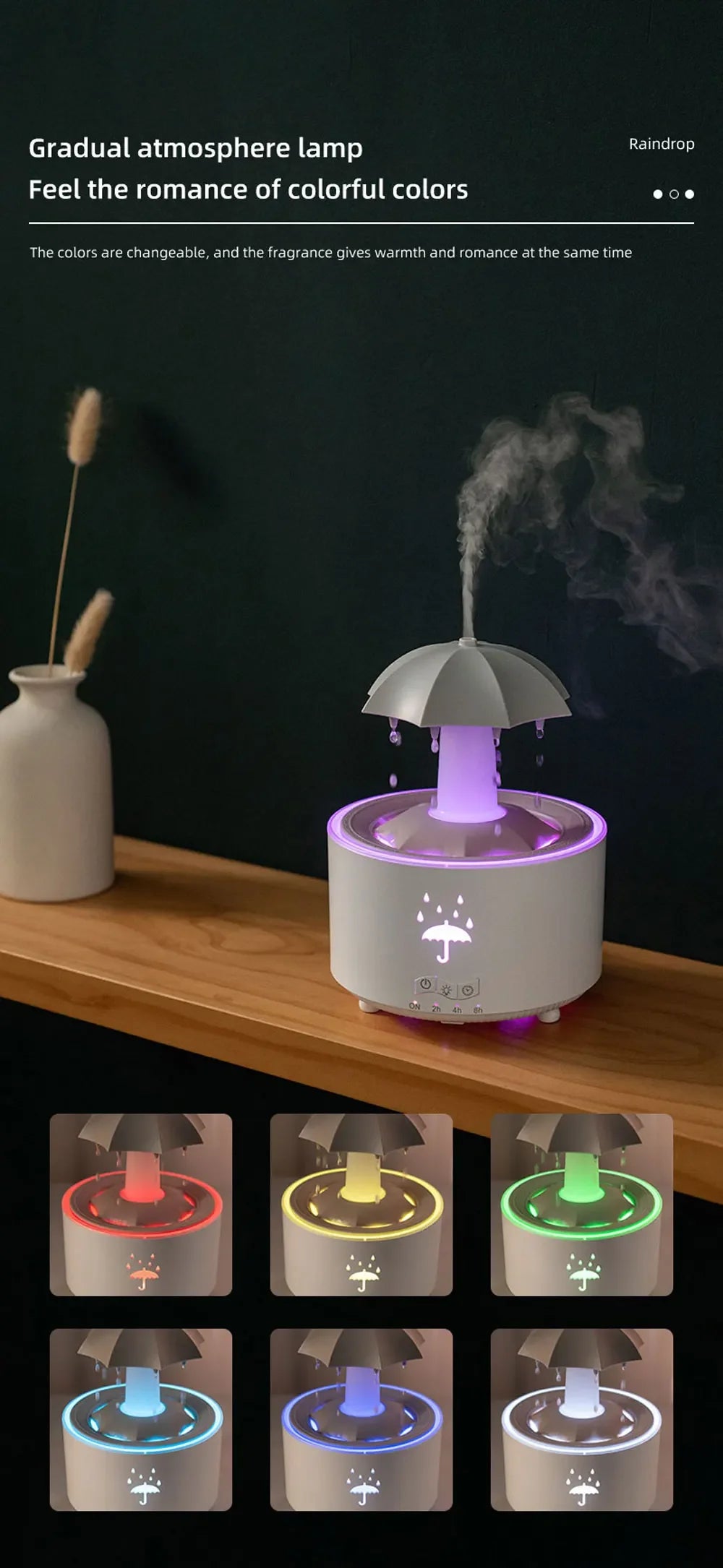 Raindrop Ultrasonic Humidifier with Rotating LED Lights