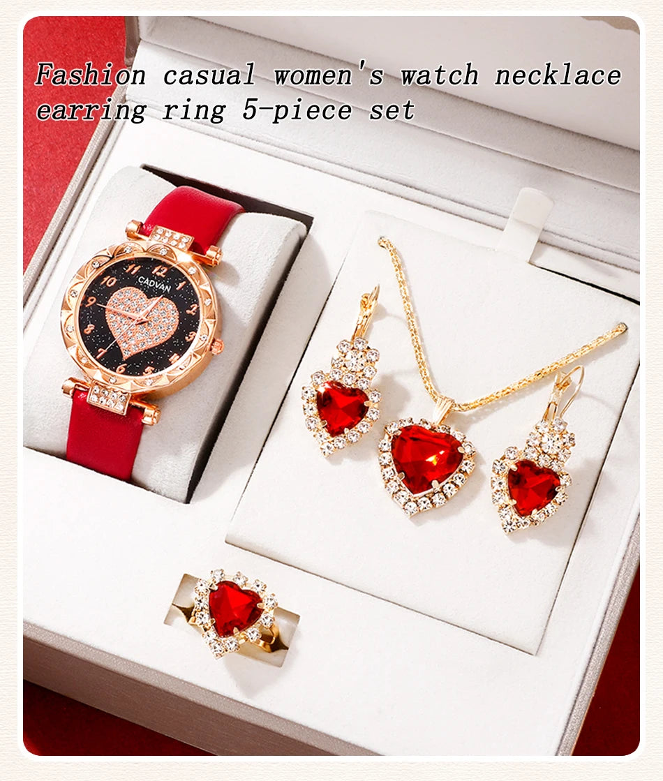 Heart Luxe Collection: Romantic 5-Piece Jewelry & Watch Set in Radiant Red