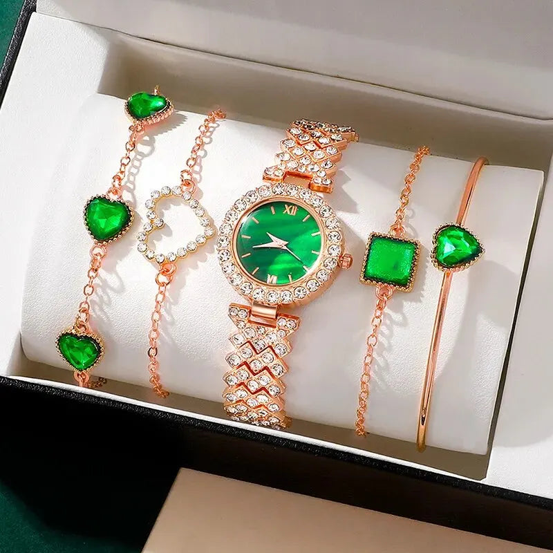 5-Piece Luxury Quartz Watch & Jewelry Set "Lady Emerald" - LoveInTheBox