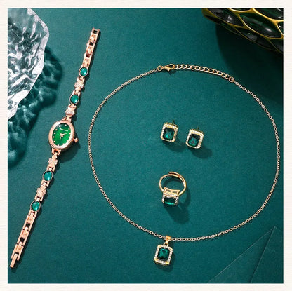Emerald Radiance Collection 2025: Elegant 5-Piece Jewelry & Watch Set in Luxe Green