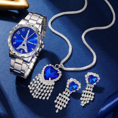 Parisian Dream Collection: Eiffel Tower Watch & Blue Heart Jewelry Set