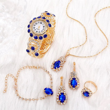 Sapphire Radiance: 6-Piece Jewelry & Watch Set in Royal Blue & Gold