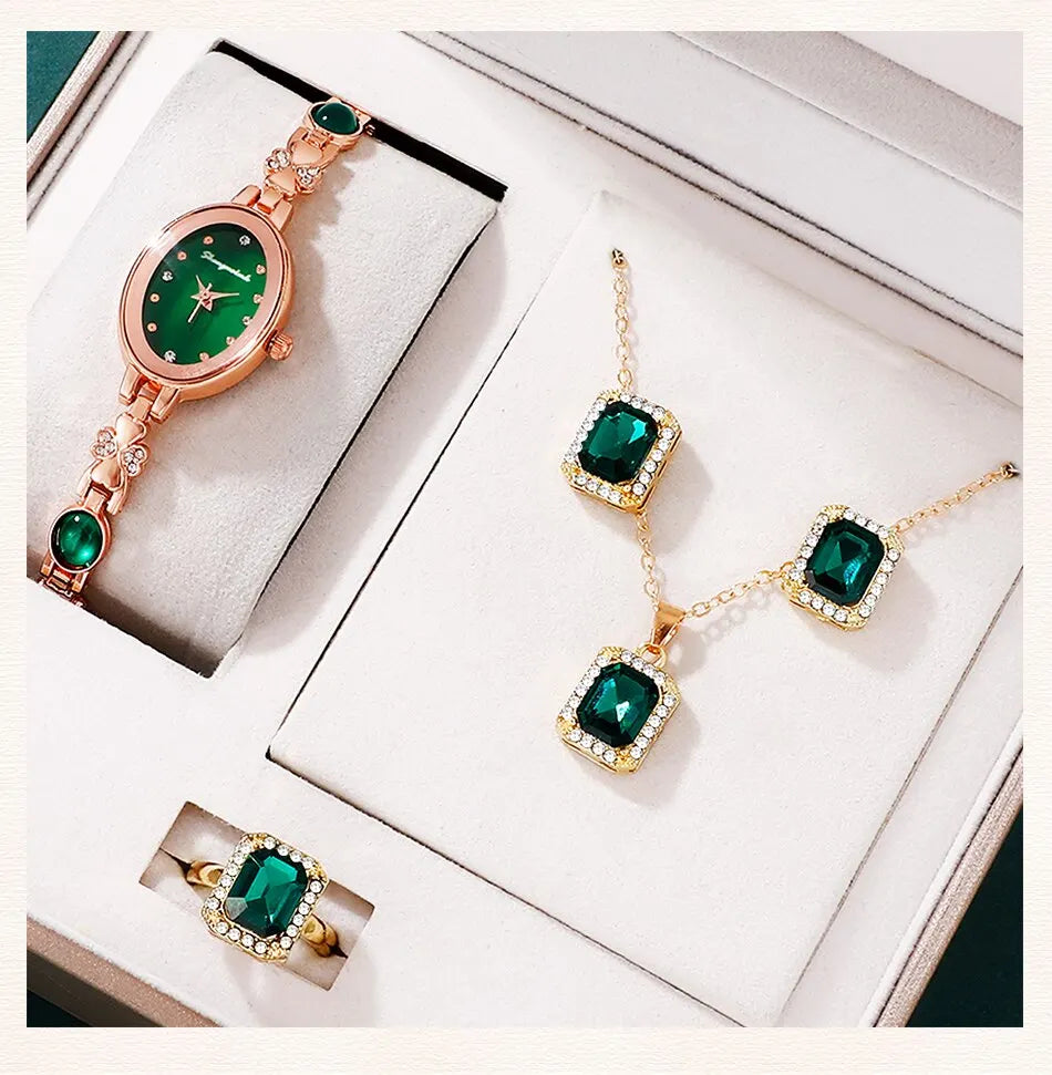 Emerald Radiance Collection 2025: Elegant 5-Piece Jewelry & Watch Set in Luxe Green