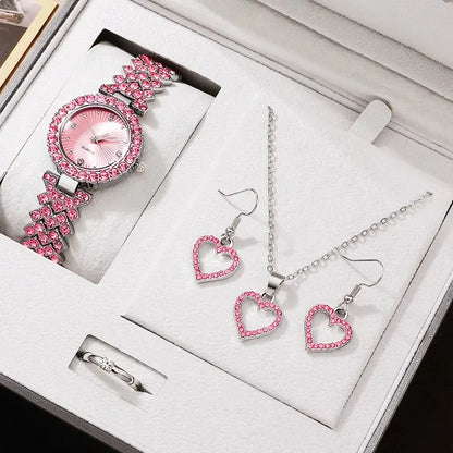 Sparkling Heart Glamour Collection: 5-Piece Pink Crystal Jewelry & Watch Set