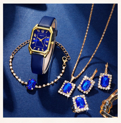 Royal Collection Blue Red Black: Elegant 6-Piece Jewelry & Watch Set with Blue Leather Band