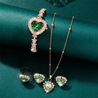 Emerald Heart Collection: Elegant 5-Piece Jewelry & Watch Set in Sparkling Green