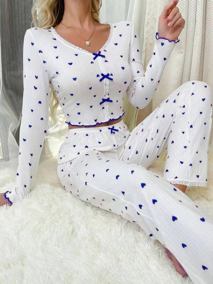 Romantic Heart-Print Pajama Set – Soft & Elegant Sleepwear