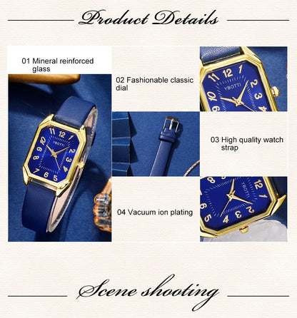 Royal Collection Blue Red Black: Elegant 6-Piece Jewelry & Watch Set with Blue Leather Band