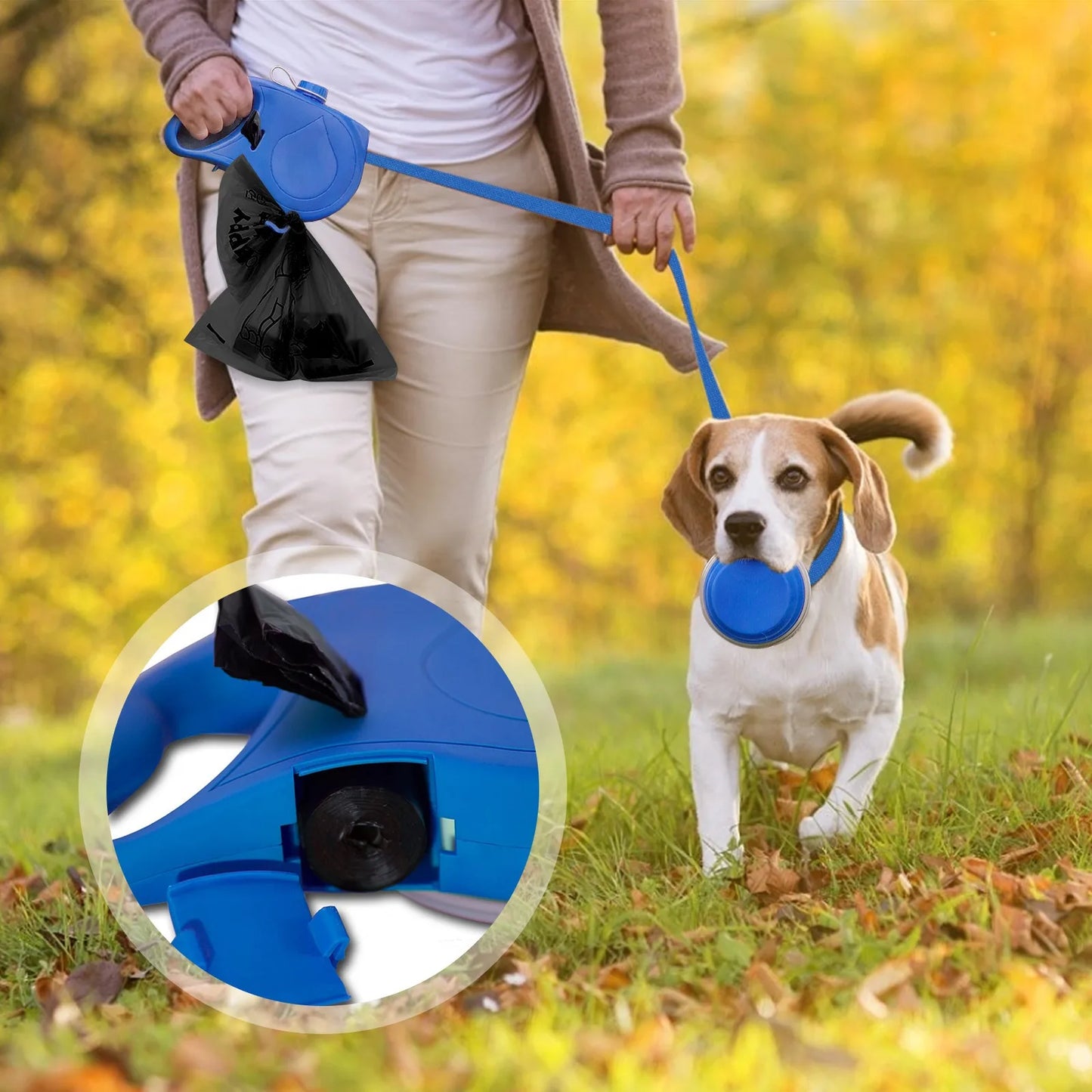 3-in-1 Smart Dog Leash – Water Bottle, Waste Bag Holder & Tangle-Free Control