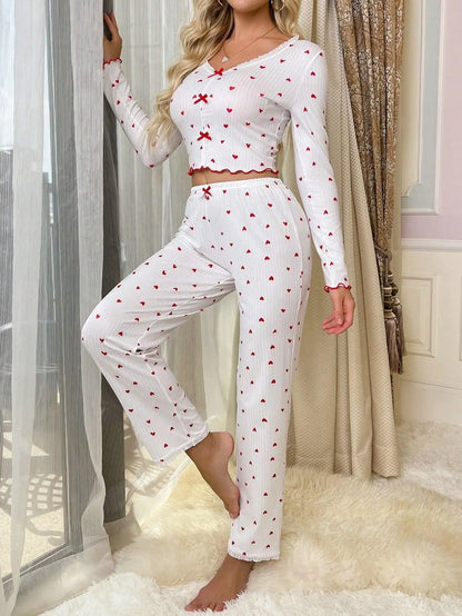 Romantic Heart-Print Pajama Set – Soft & Elegant Sleepwear