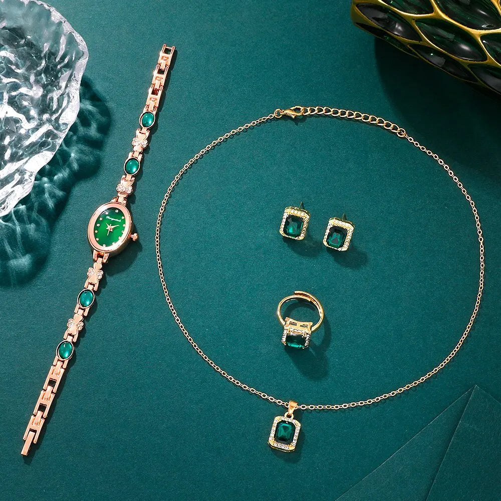 Emerald Radiance Collection 2025: Elegant 5-Piece Jewelry & Watch Set in Luxe Green