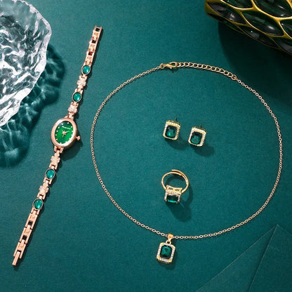 Emerald Radiance Collection 2025: Elegant 5-Piece Jewelry & Watch Set in Luxe Green