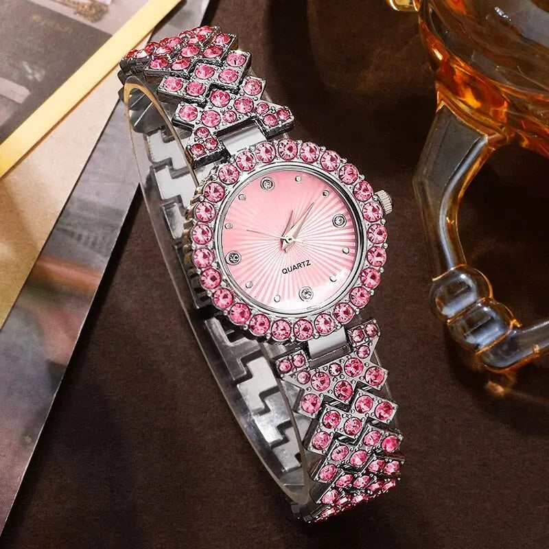 Sparkling Heart Glamour Collection: 5-Piece Pink Crystal Jewelry & Watch Set