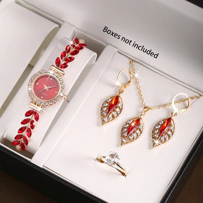 5-Piece Red Leaf Jewelry & Watch Set: Elegance in Every Detail