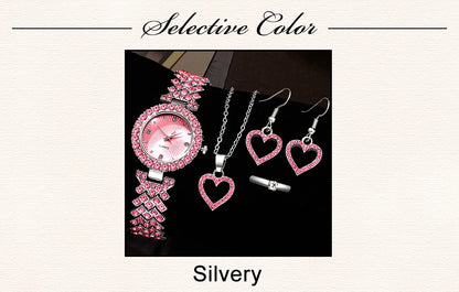 Sparkling Heart Glamour Collection: 5-Piece Pink Crystal Jewelry & Watch Set