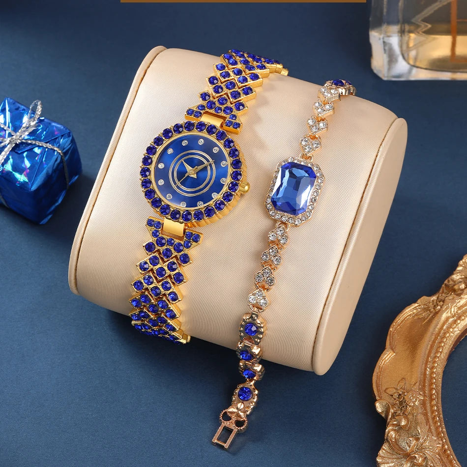 Midnight Blue Crystal Watch & Bracelet Set – Elegance in Sapphire & Gold
