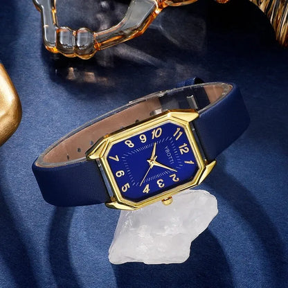 Royal Collection Blue Red Black: Elegant 6-Piece Jewelry & Watch Set with Blue Leather Band