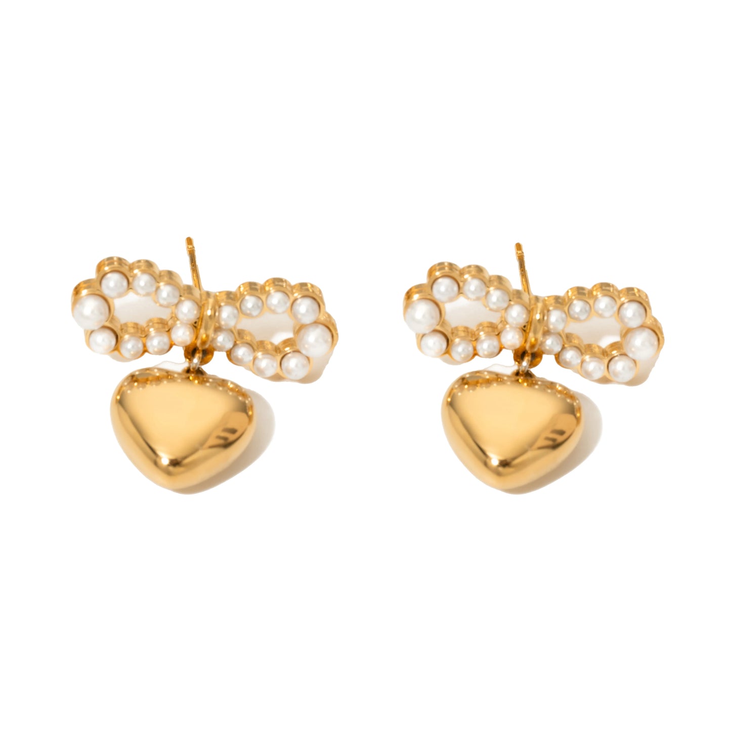 Golden Pearl & Heart Bow Earrings – Timeless Elegance for Every Occasion