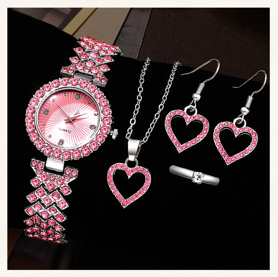 Sparkling Heart Glamour Collection: 5-Piece Pink Crystal Jewelry & Watch Set