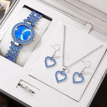 Sparkling Elevated Sapphire Heart Collection: Blue Crystal Watch & Jewelry Set