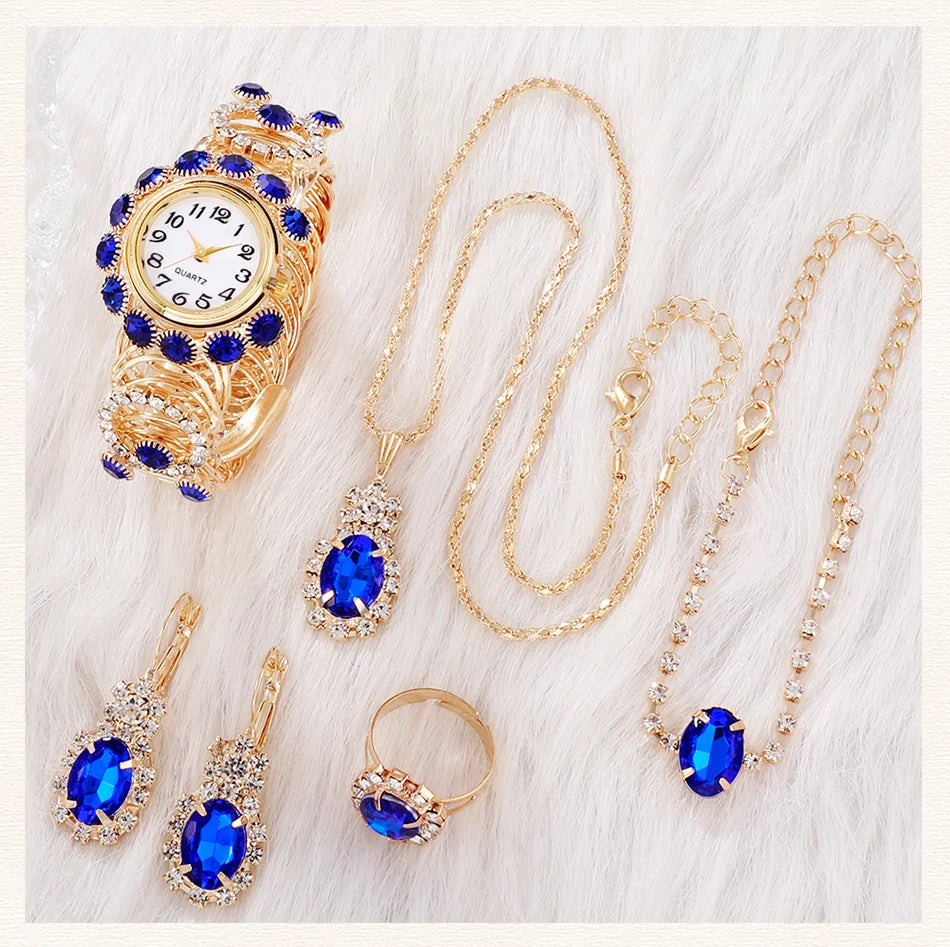 Sapphire Radiance: 6-Piece Jewelry & Watch Set in Royal Blue & Gold