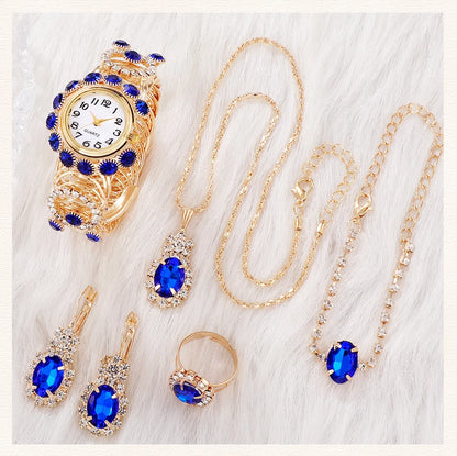 Sapphire Radiance: 6-Piece Jewelry & Watch Set in Royal Blue & Gold