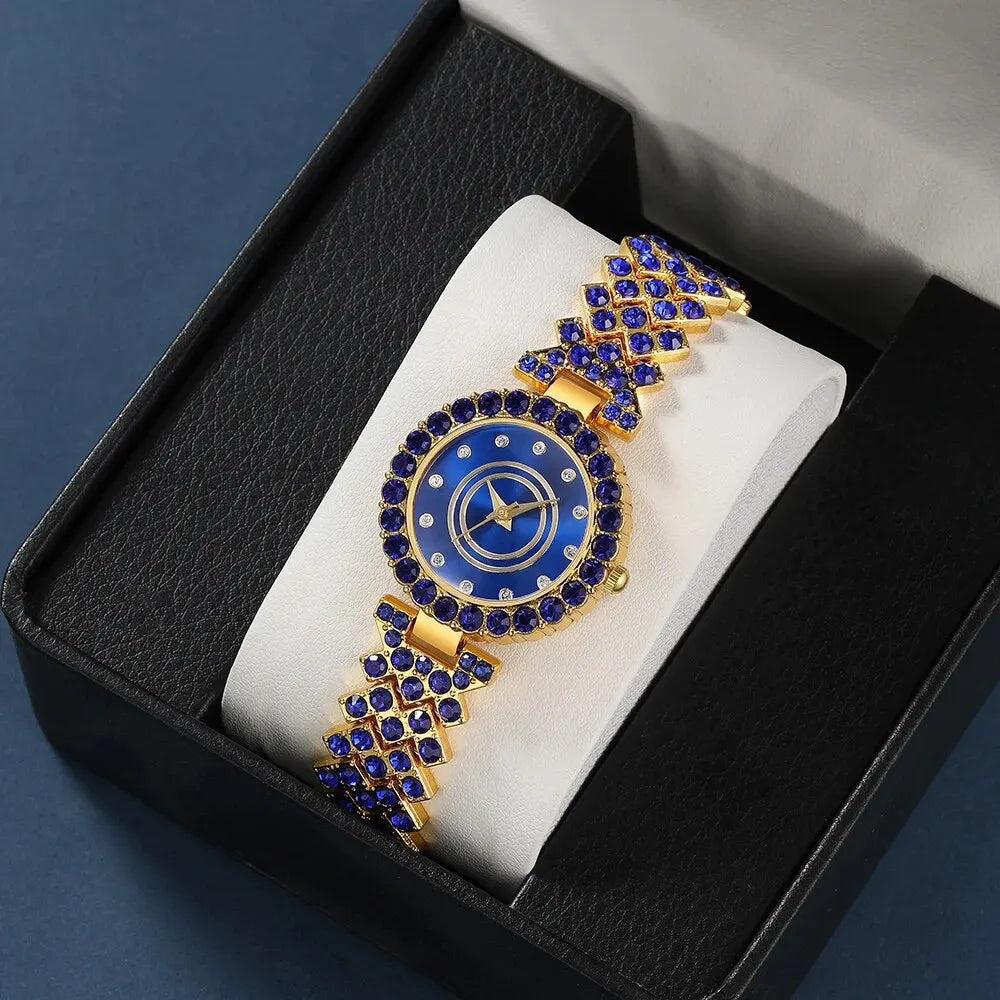 Midnight Blue Crystal Watch & Bracelet Set – Elegance in Sapphire & Gold