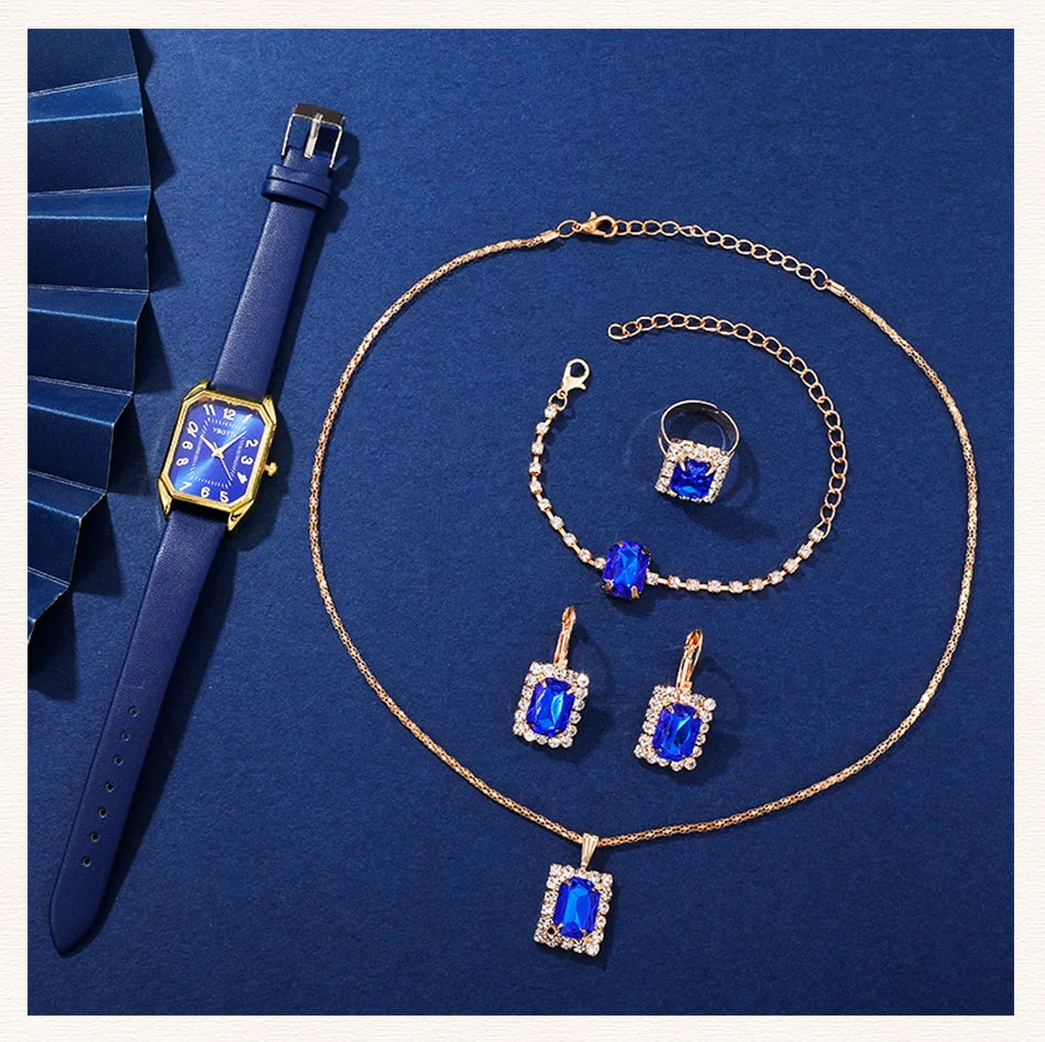 Royal Collection Blue Red Black: Elegant 6-Piece Jewelry & Watch Set with Blue Leather Band