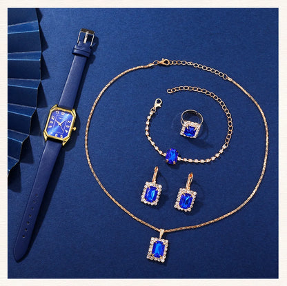 Royal Collection Blue Red Black: Elegant 6-Piece Jewelry & Watch Set with Blue Leather Band