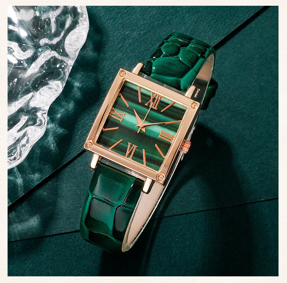 Emerald Luxe Collection: Fine Jewelry Set with Square-Cut Quartz Watch & Gemstone Accents