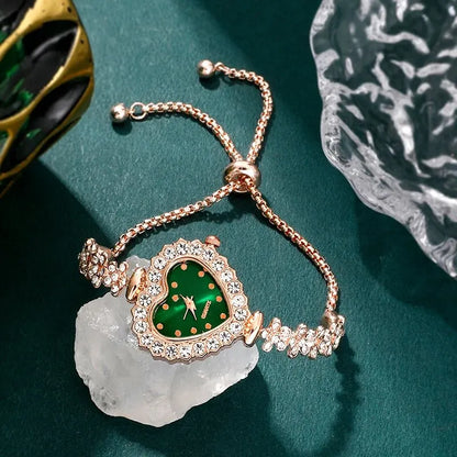 Emerald Heart Collection: Elegant 5-Piece Jewelry & Watch Set in Sparkling Green