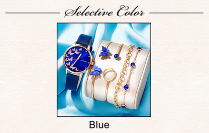 Blue Butterfly Quartz Watch & Gold Bracelet Set for Women – Elegant 6-Piece Jewelry Collection