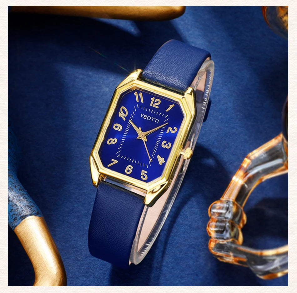 Royal Collection Blue Red Black: Elegant 6-Piece Jewelry & Watch Set with Blue Leather Band