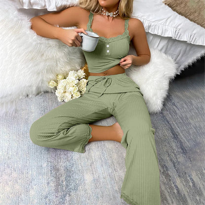 Elegant Ribbed Knit 2-Piece Lounge Set – Soft Sleeveless Cami & Wide-Leg Pants