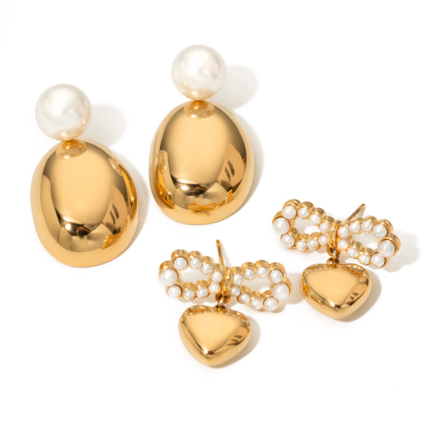 Golden Pearl & Heart Bow Earrings – Timeless Elegance for Every Occasion