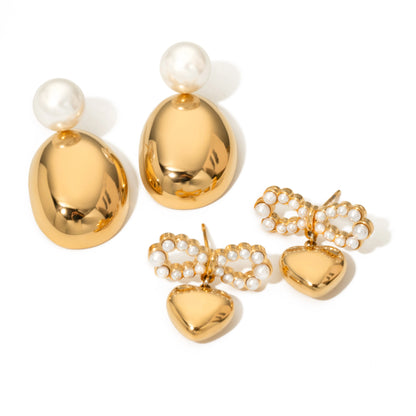 Golden Pearl & Heart Bow Earrings – Timeless Elegance for Every Occasion
