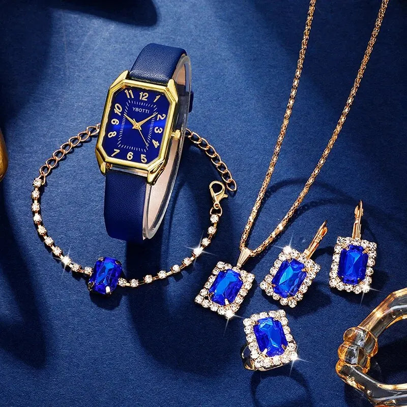Royal Collection Blue Red Black: Elegant 6-Piece Jewelry & Watch Set with Blue Leather Band