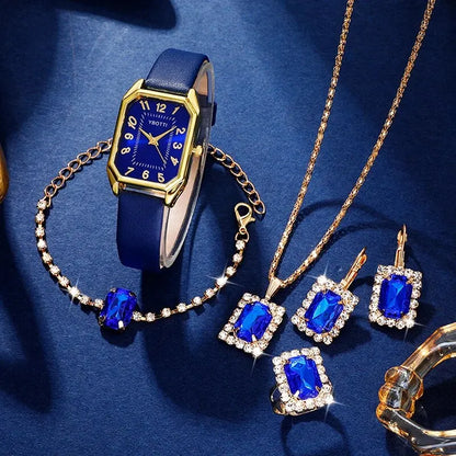 Royal Collection Blue Red Black: Elegant 6-Piece Jewelry & Watch Set with Blue Leather Band