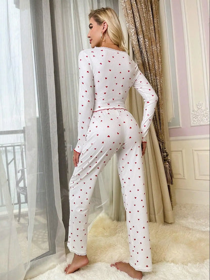 Romantic Heart-Print Pajama Set – Soft & Elegant Sleepwear