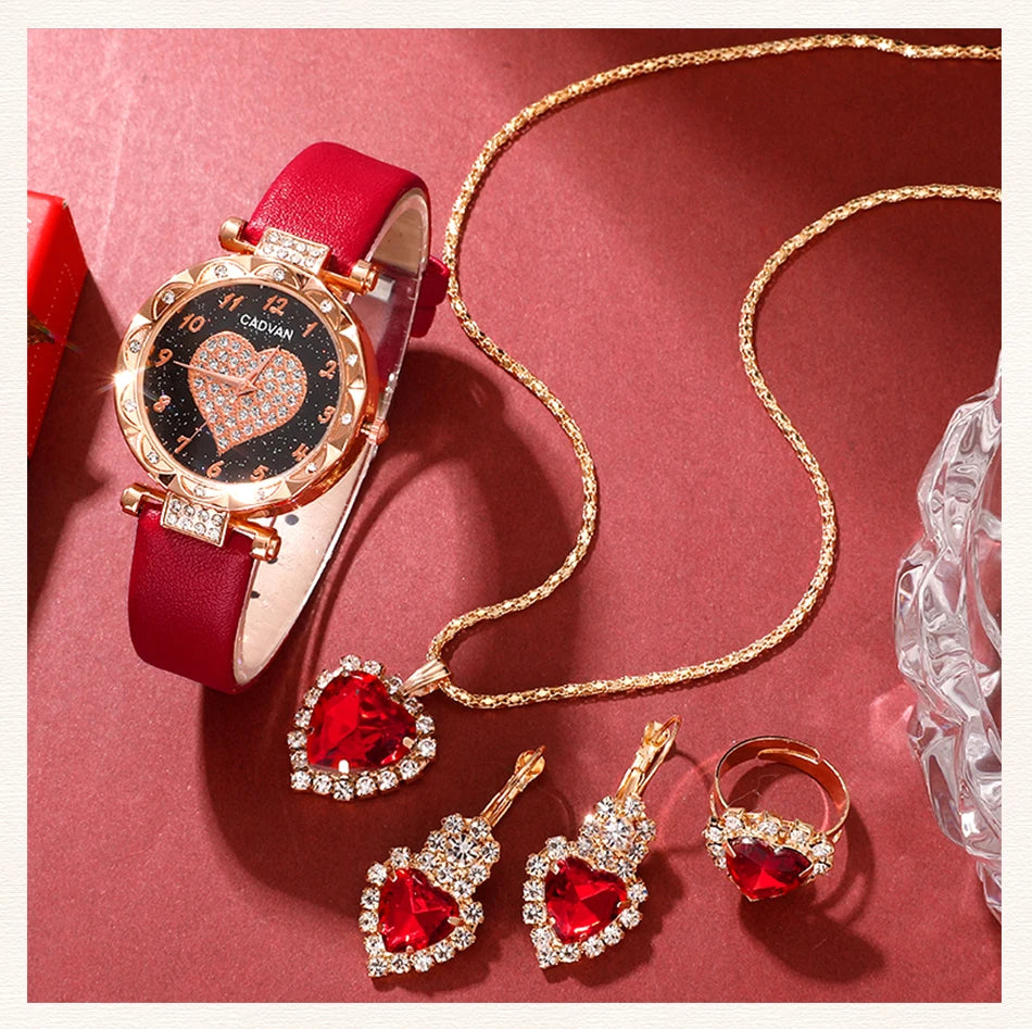 Heart Luxe Collection: Romantic 5-Piece Jewelry & Watch Set in Radiant Red
