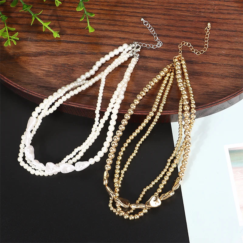 Layered Pearl Necklace & Bracelet Set: Elegant Heart Accents for Women
