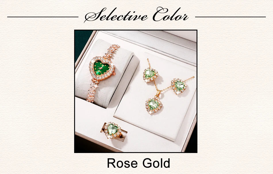 Emerald Heart Collection: Elegant 5-Piece Jewelry & Watch Set in Sparkling Green